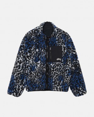 Stüssy Sherpa Reversible Jacket Bleu Leopard | YV9803254